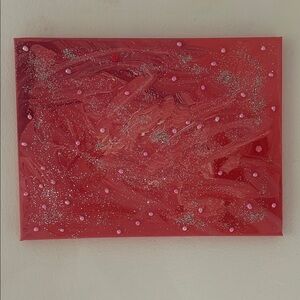Hand Made Vibrant Pink Abstract Glitter Canvas Painting With Pearls